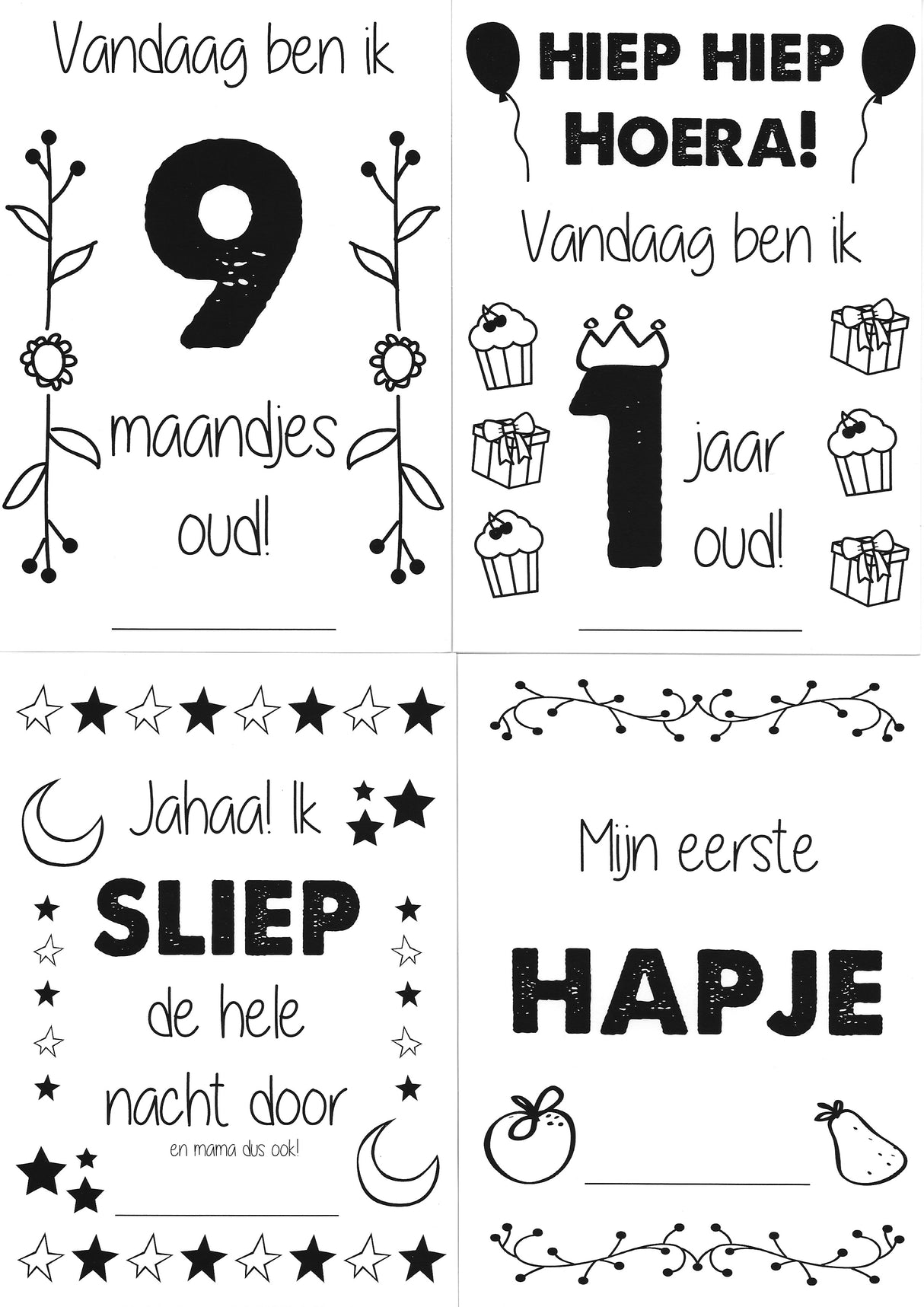 Mijlpaalkaarten '1ste jaar' (zwart-wit) - HelloBaby.be